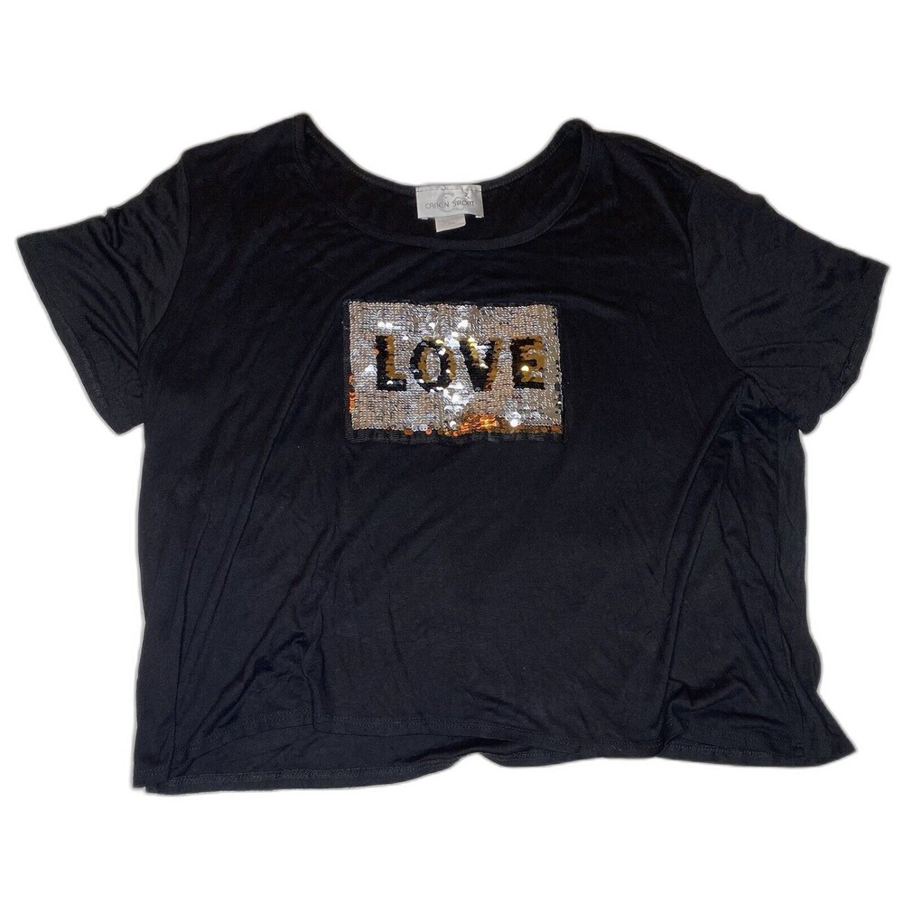 Caren Sport Flip Sequins T-Shirt Stretch "Love" Short Sleeve Womens 2X Black USA